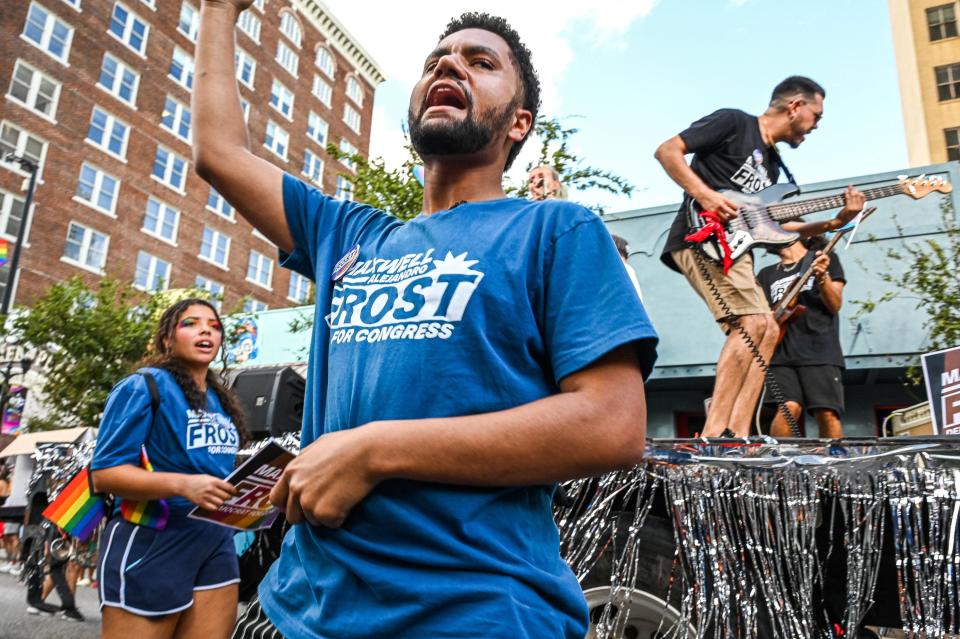 Maxwell Frost, a Democratic candidate for Florida's 10th Congressional district, participates in the Pride Parade in Orlando, Fla., on Oct. 15.