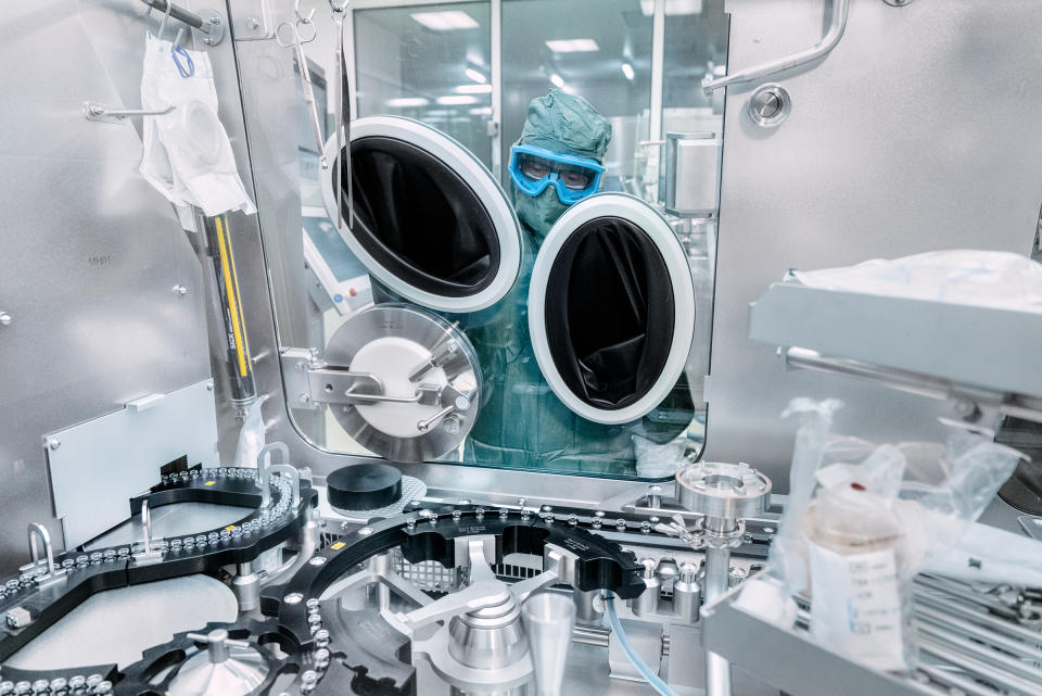 At the fill-and-finish facility operated by Baxter in Halle, 120 miles north of Marburg, technicians monitor the washing and sterilization of the vials before they are filled with vaccine, then stoppered and sealed.<span class="copyright">Luca Locatelli for TIME</span>