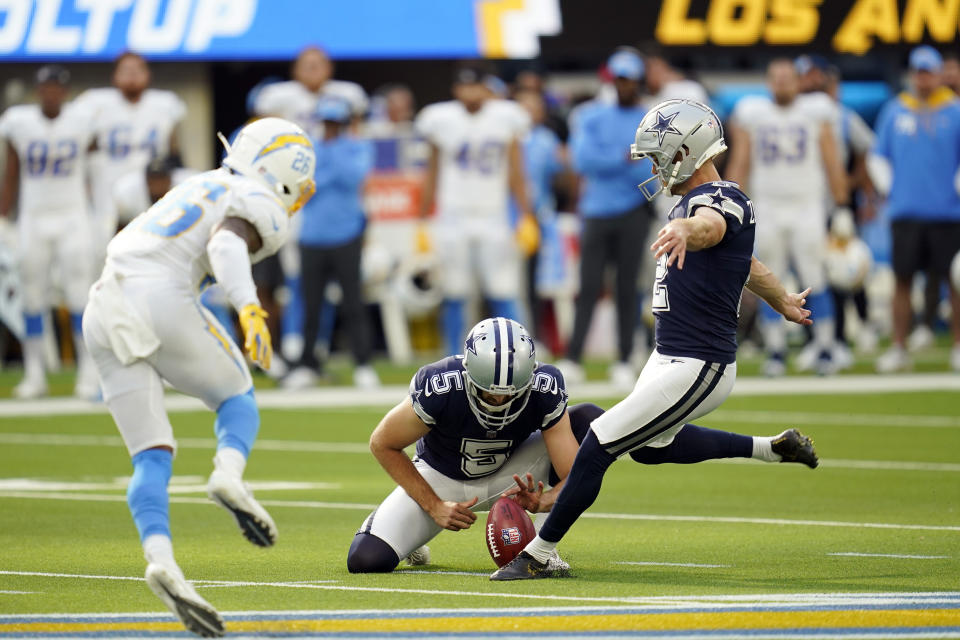 Dallas Cowboys kicker Greg Zuerlein makes the game-winning field goal as time expires during the second half of an NFL football game against the Los Angeles Chargers Sunday, Sept. 19, 2021, in Inglewood, Calif. (AP Photo/Ashley Landis)