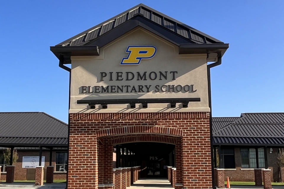 Piedmont Elementary School is seen in Piedmont, Ala., on Thursday, Aug. 31, 2023. Piedmont City schools managed to significantly improve math performance, landing in the top spot among school districts across the country in a comparison of math scores from before and during the pandemic. Nationwide, students were on average half a year behind in math, researchers say. (Trisha Powell Crain/AL.com via AP)