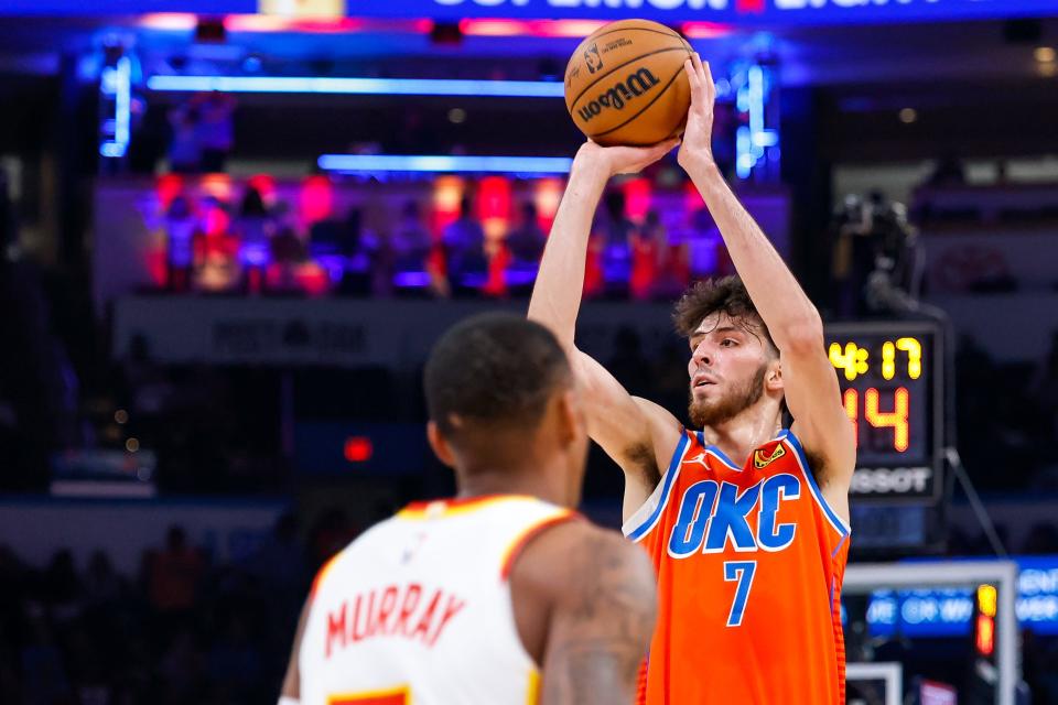 Oklahoma City forward Chet Holmgren (7) shoots the ball in the second quarter during an NBA game between the Oklahoma City Thunder and the Atlanta Hawks at the Paycom Center in Oklahoma City, on Monday, Nov. 6, 2023.