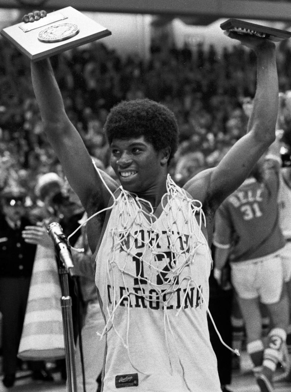 Phil Ford celebrates the Tar Heels’ win over N.C. State in the championship game of the 1975 ACC Tournament.