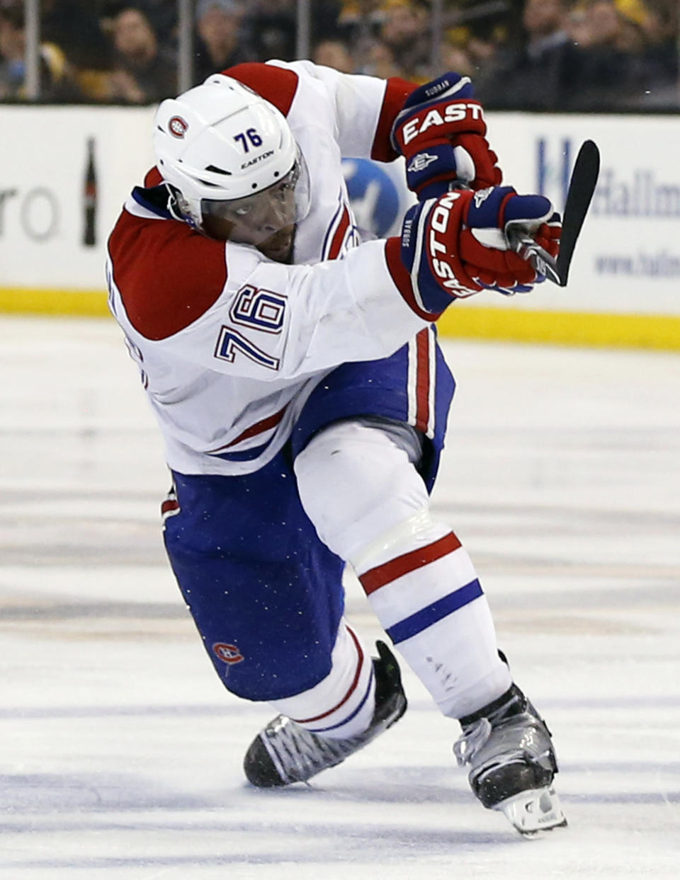 Montreal Canadiens' P.K. Subban follows through on his game-winning goal in the second overtime period against the Boston Bruins in Game 1 of an NHL hockey second-round playoff series in Boston, Thursday, May 1, 2014. The Canadiens won 4-3. (AP Photo/Elise Amendola)