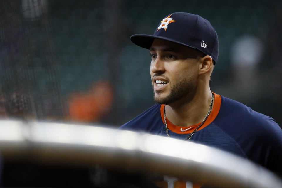 Houston Astros right fielder George Springer prepares to take batting practice before Game 2 of the baseball World Series against the Washington Nationals Wednesday, Oct. 23, 2019, in Houston. (AP Photo/Matt Slocum)