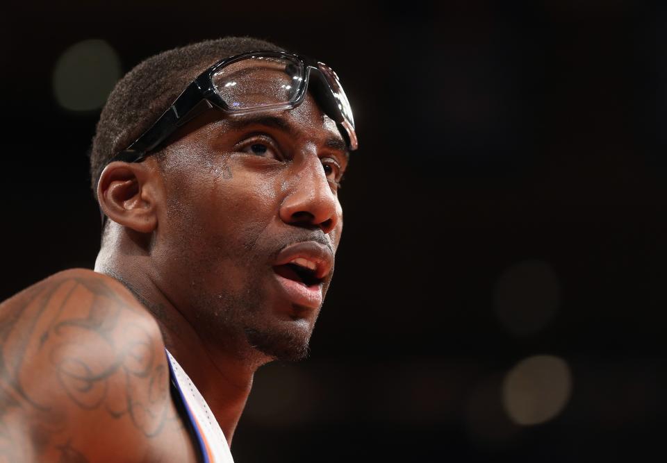 NEW YORK, NY - JANUARY 03: Amar'e Stoudemire #1 of the New York Knicks takes a break during the game against the San Antonio Spurs at Madison Square Garden on January 3, 2013 in New York City. NOTE TO USER: User expressly acknowledges and agrees that, by downloading and/or using this photograph, user is consenting to the terms and conditions of the Getty Images License Agreement. The Knicks defeated the Spurs 100-83. (Photo by Bruce Bennett/Getty Images)