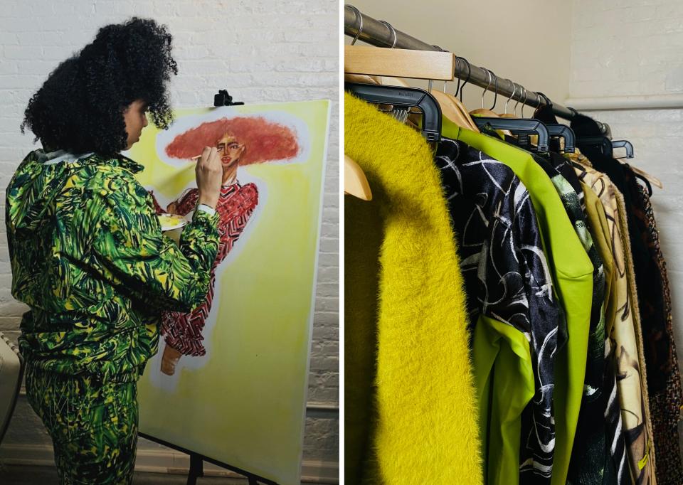 A side-by-side collage of two images: one of Marrisa Wilson painting on a canvas and another of a rack with Wilson's green and black garments