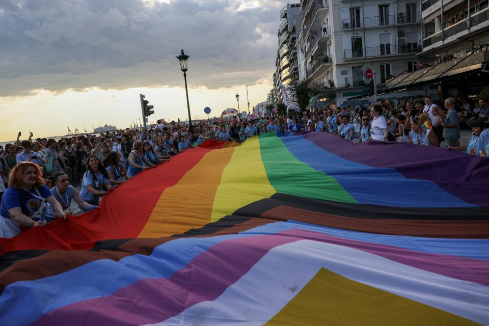 People take part in the pan-European international LGBTQI+ Pride parade in Thessaloniki, Greece, Saturday.