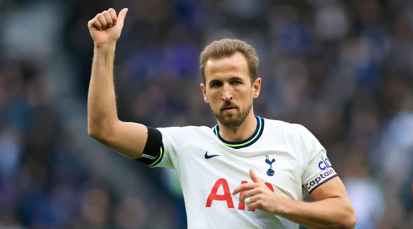  Tottenham striker Harry Kane after scoring in the FA Cup against Portsmouth in January 2023. 