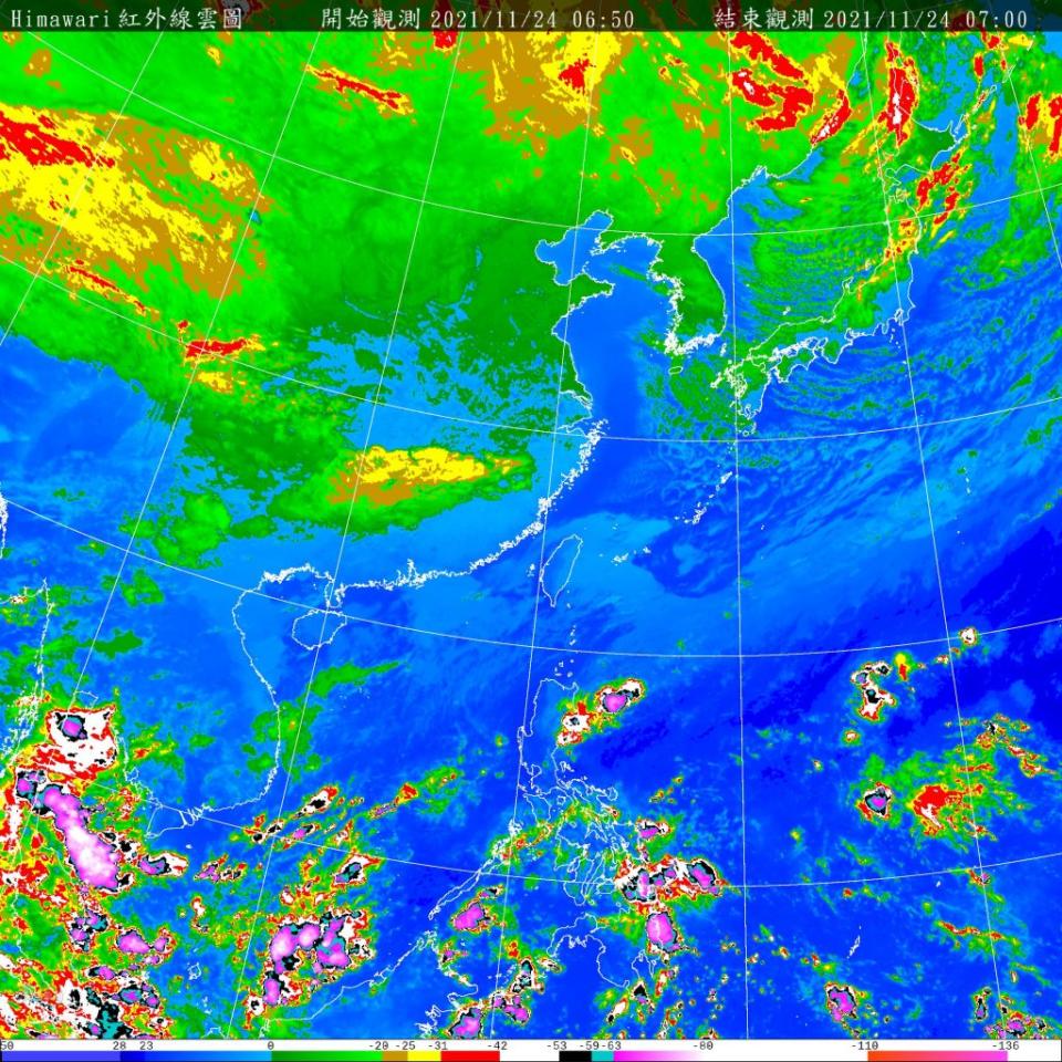 今氣溫略回升但偏冷，明雲系南下，降雨機率增加。（氣象局提供）