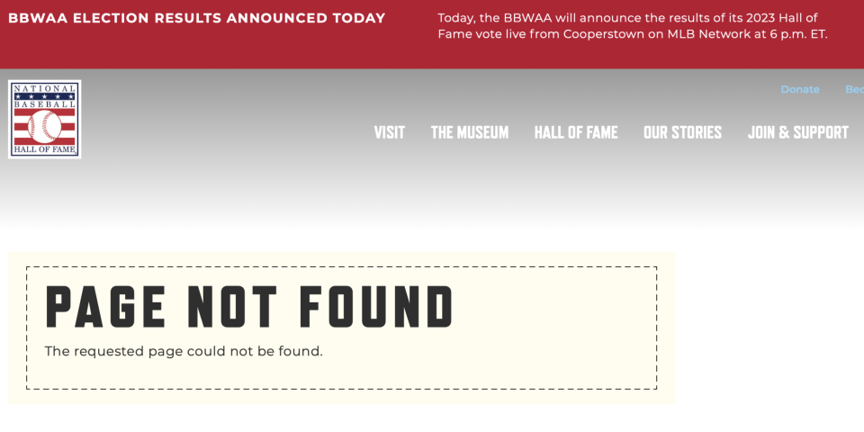Screenshot of the National Baseball Hall of Fame&#39;s nonexistent Todd Helton page.