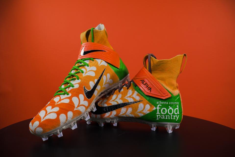 Joe Burrow's cleats for Sunday's "My Cause, My Cleats" NFL initiative. Burrow's cleats will support the Joe Burrow Hunger Relief Fund, which works to combat food insecurity in Southeast Ohio.