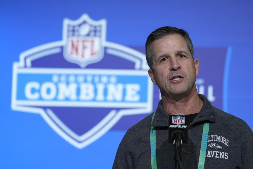 Baltimore Ravens head coach John Harbaugh speaks during a press conference at the NFL football scouting combine in Indianapolis, Wednesday, March 1, 2023. (AP Photo/Michael Conroy)