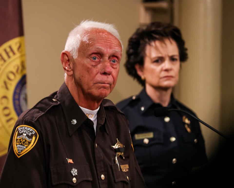 Lt. Col. Carl Yates, spokesman for Jefferson County Sheriff's office, speaks at a press conference where it was announced that deputy Brandon Shirley was shot and killed Thursday at a car lot in Shively.