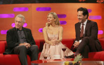 (left to right) Robert De Niro, Sienna Miller and Paul Rudd during the filming for the Graham Norton Show at BBC Studioworks 6 Television Centre, Wood Lane, London, to be aired on BBC One on Friday evening.