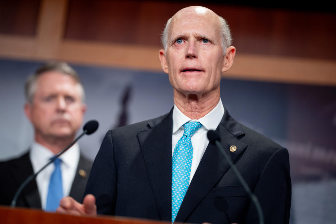 WASHINGTON, DC - MAY 1: Sen. Rick Scott (R-FL) accompanied by Sen. Roger Marshall (R-KS) (L) speaks during a news conference on Capitol Hill on May 1, 2024 in Washington, DC. Republican Senators joined Sen. Tom Cotton (R-AR) to denounce pro-Palestinian protests on college campuses and called on school administrations around the country to act against anti-semitism. (Photo by Andrew Harnik/Getty Images)