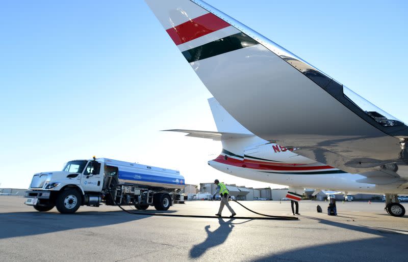 FILE PHOTO: A business jet is refuelled at Henderson Executive Airport in Las Vegas