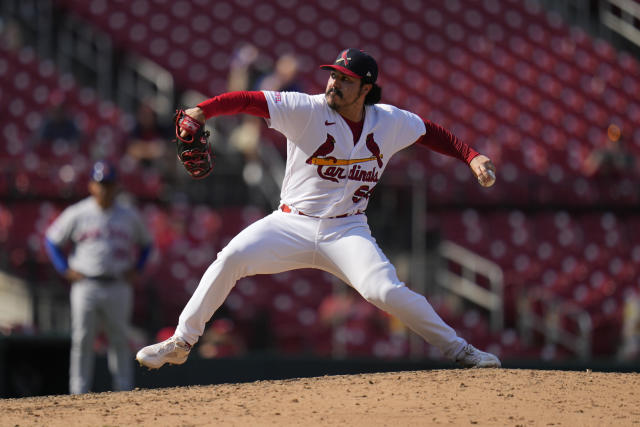 Oakland Athletics starting pitcher JP Sears drops a rosin bag after giving  up a two-run home run to St. Louis Cardinals' Paul Goldschmidt during the  fifth inning of a baseball game Monday