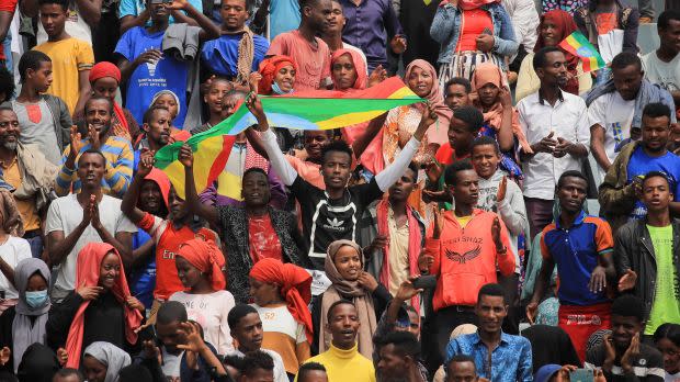 Supporters of Ethiopian Prime Minister Abiy Ahmed attend his last campaign event ahead of Ethiopia's parliamentary and regional elections, June 2021.