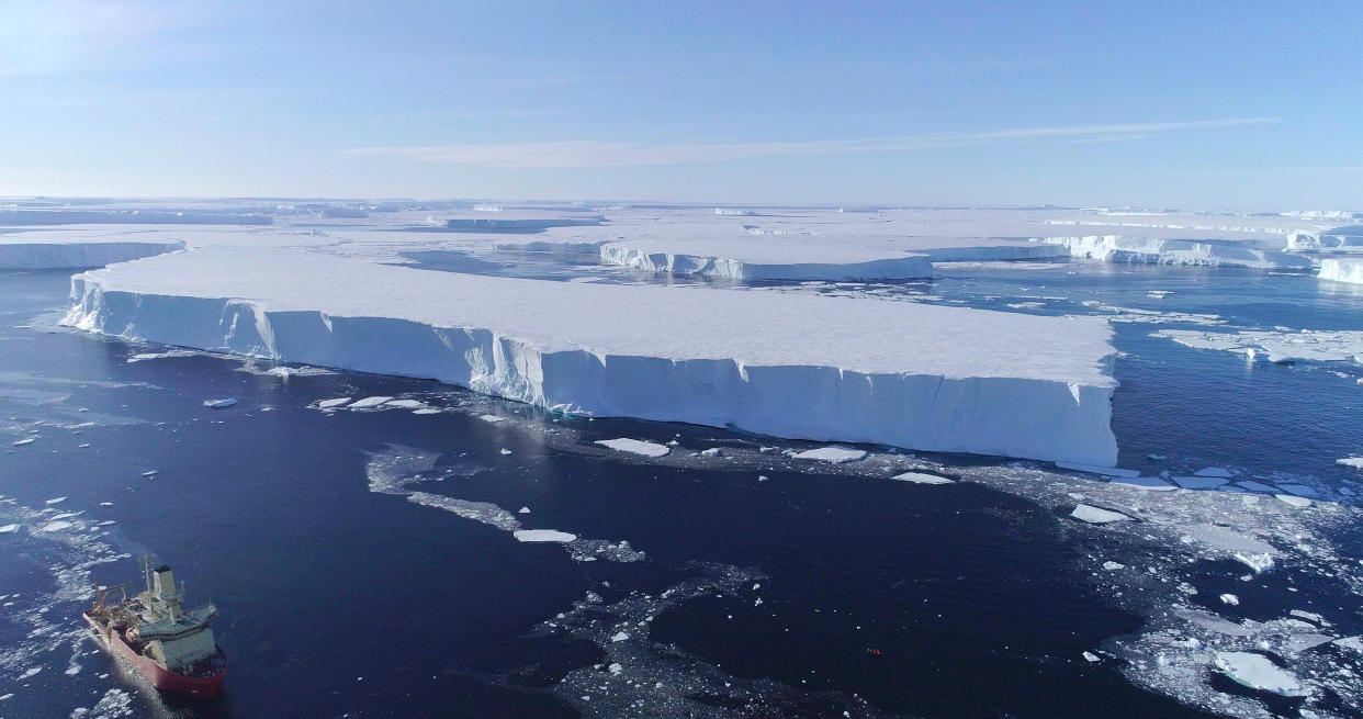The research vessel the Nathaniel B. Palmer working along the edge of the Thwaites Eastern Ice Shelf in Antarctica in 2019. (Cover Images via Zuma Press)