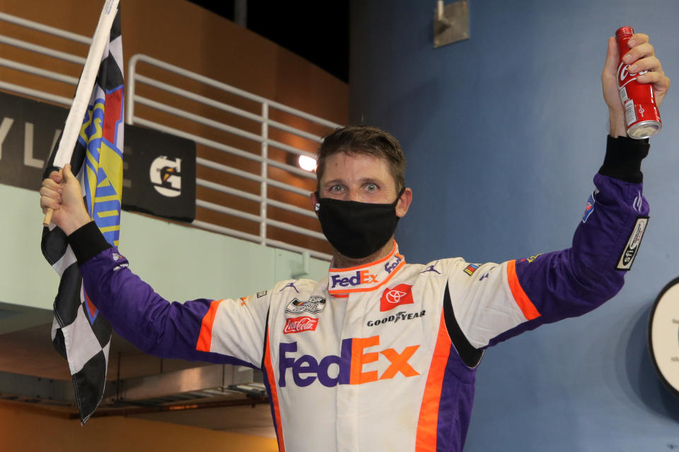 HOMESTEAD, FLORIDA - JUNE 14: Denny Hamlin, driver of the #11 Toyota, celebrates in Victory Lane after winning the NASCAR Cup Series Dixie Vodka 400 at Homestead-Miami Speedway on June 14, 2020 in Homestead, Florida. (Photo by Chris Graythen/Getty Images)