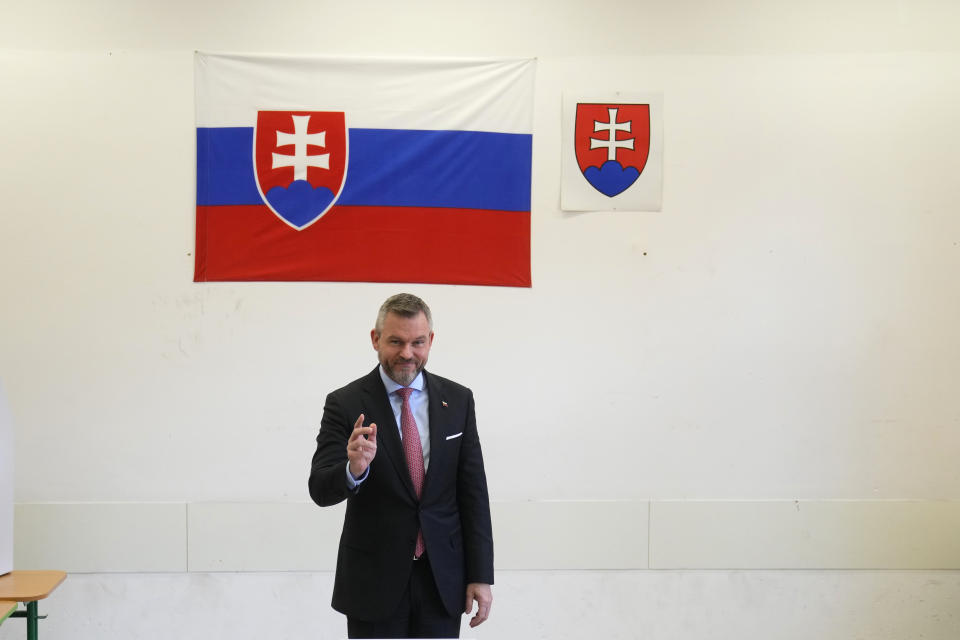 FILE - Presidential candidate Peter Pellegrini, who currently serves as Parliament's speaker, smiles after casting his vote during the first round of the presidential election in Bratislava, Slovakia, Saturday, March 23, 2024. Ivan Korcok, a pro-western career diplomat and Peter Pellegrini, a close ally of Slovakia's populist Prime Minister Robert Fico, are facing each other in a presidential runoff on Saturday, April 6, 2024, to determine who succeeds Zuzana Caputova, the country's first female head of state. (AP Photo/Petr David Josek/File)