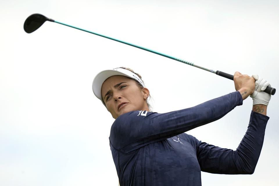 Lexi Thompson hits her tee shot on the fourth hole during a practice round for the U.S. Women's Open golf tournament at Lancaster Country Club, Wednesday, May 29, 2024, in Lancaster, Pa. (AP Photo/Matt Rourke)