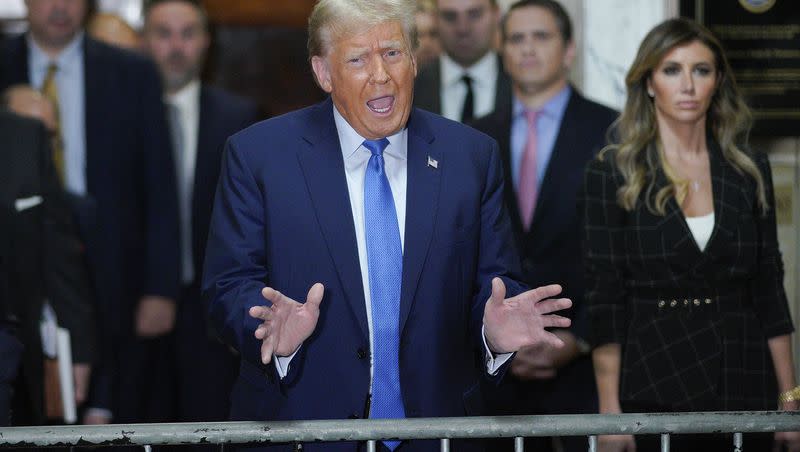 Former President Donald Trump speaks outside the courtroom after testifying at New York Supreme Court on Monday, Nov. 6, 2023, in New York.