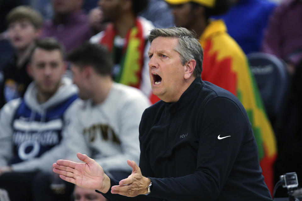 Minnesota Timberwolves coach Chris Finch encourages players during the second half of the team's NBA basketball game against the Los Angeles Lakers on Wednesday, March 16, 2022, in Minneapolis. (AP Photo/Andy Clayton-King)