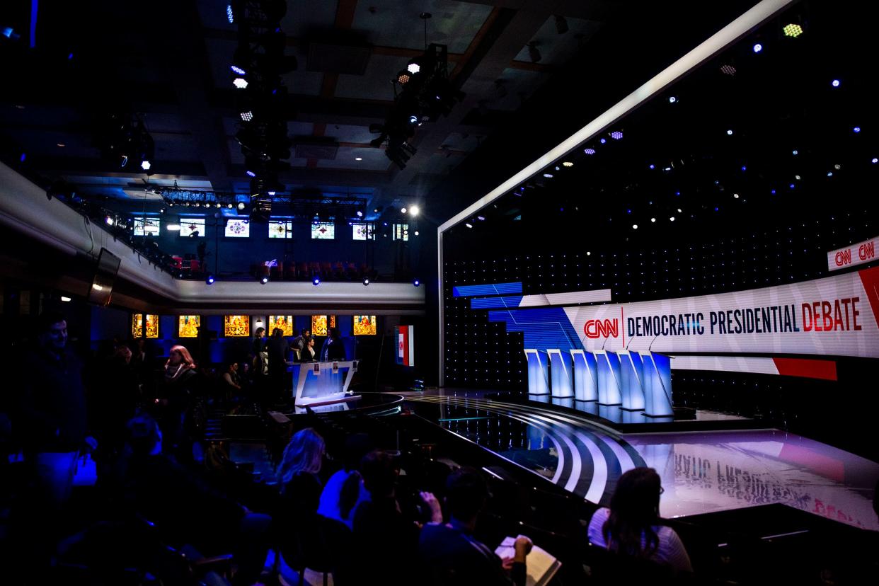 Inside Sheslow Auditorium where preparation was underway for the CNN/Des Moines Register Democratic presidential debate on Jan. 12, 2020, the last time there was a presidential debate at Drake University in Des Moines.