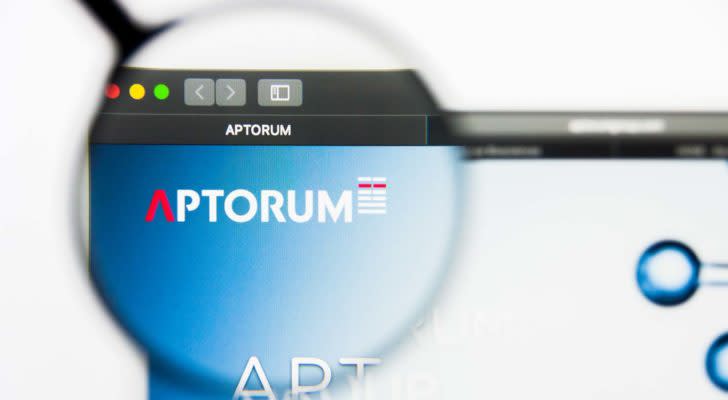 A magnifying glass zooms in on the website for Aptorum Group (APM).