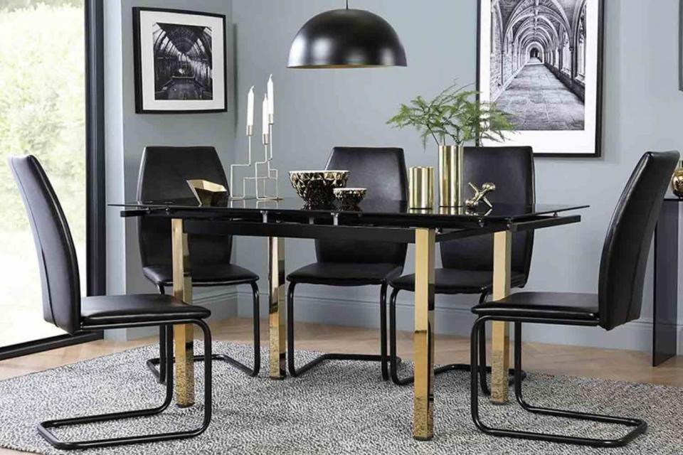 Space Gold and Black Glass Extending Dining Table with 6 Pica Black Chairs (Black Leg)