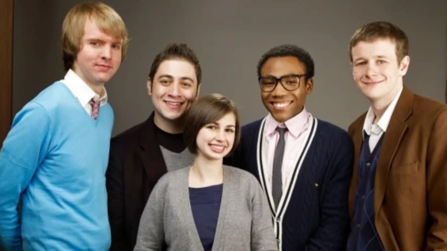 This January 2009 photo shows (from left) “Mystery Team” actor D.C. Pierson, director Dan Eckman, producer Meggie McFadden, actor Donald Glover and actor Dominic Dierkes at the Sundance Film Festival in Park City, Utah. “Mystery Team” was Glover’s debut film and is now available on demand on theGrio app. (Photo: Matt Carr/Getty Images)