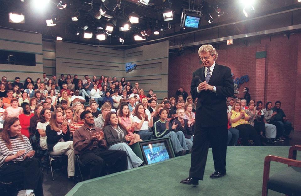May 1997: Talk show host Jerry Springer onstage on the set of the Jerry Springer Show in Chicago warms up the crowd prior to the taping of a show featuring pregnant strippers. Springer is in the center of controversy follwing his hiring to do commentary on the Chicago NBC station. The Enquirer/Michael E. Keating
