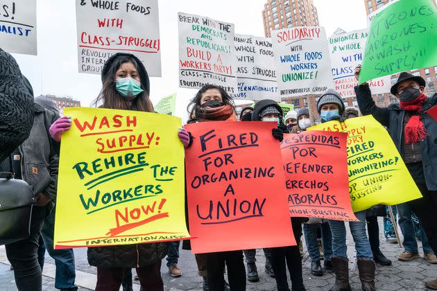 Rally organized by Workers Assembly Against Racism in support of Amazon workers of warehouse in Bessemer, Alabama rights to unionize at Union Square across of Whole Foods Market owned by Amazon.