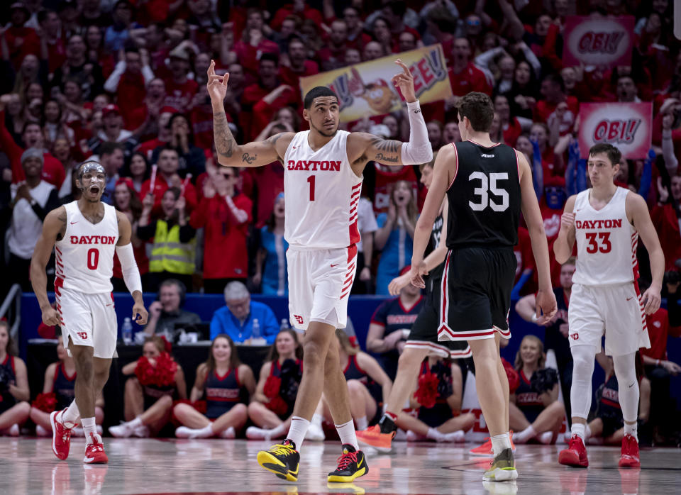 Obi Toppin #1 of the Dayton Flyers reacts during a game against the Davidson Wildcats on Feb. 28, 2020. (Michael Hickey/Getty Images)