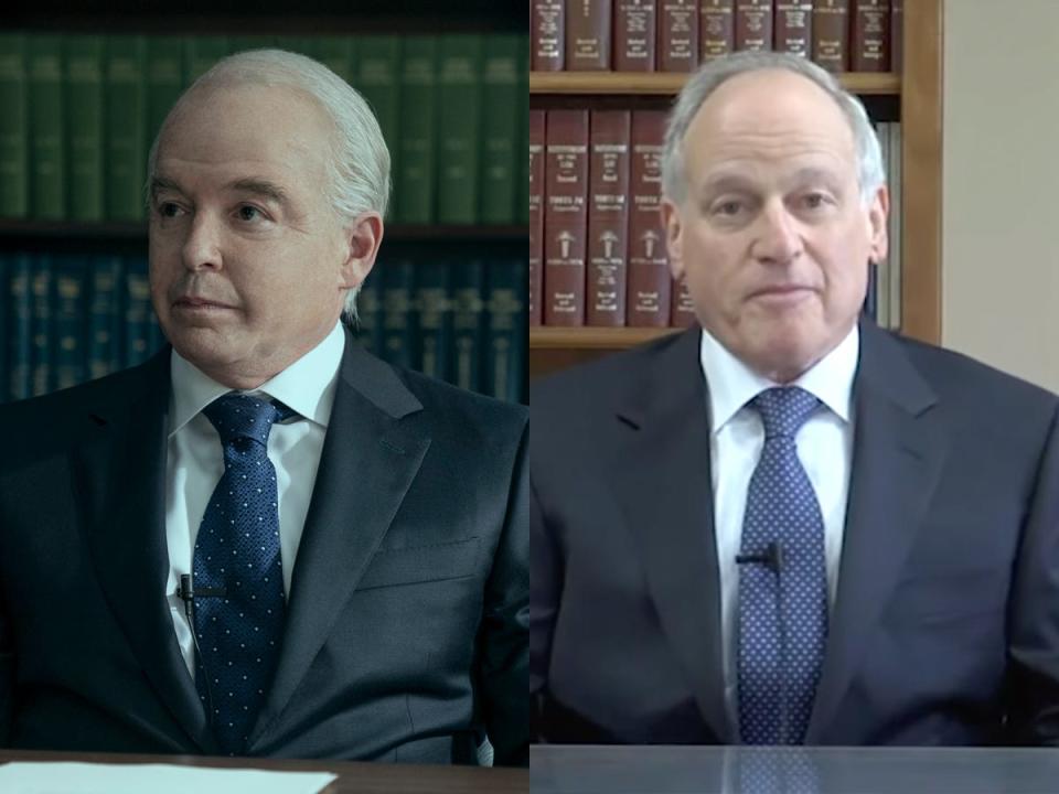 A side-by-side image of Matthew Broderick as Richard Sackler on Netflix's "Painkiller," and Richard Sackler in real life. Both are wearing dark suits with blue ties and white shirts, with bookcases in the background and mics clipped to their ties.