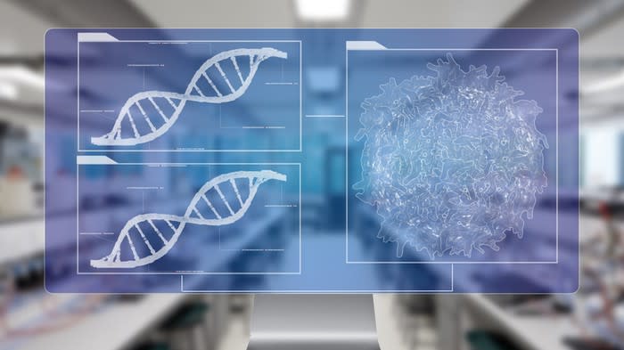 DNA and a cancer cell with a lab in the background