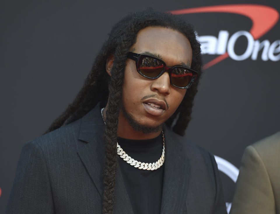 FILE - Takeoff arrives at the ESPY Awards in Los Angeles on July 10, 2019. On Friday, Nov. 11, 2022, fans will gather to remember the slain rapper, a member of the hip-hop trio Migos, in downtown Atlanta near where the 28-year-old grew up. (Photo by Jordan Strauss/Invision/AP, File)