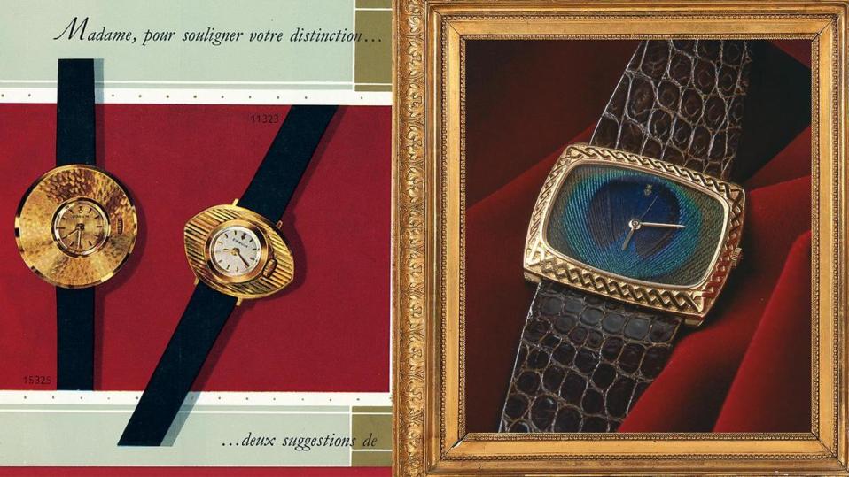 1958年推出錶圈很像斗笠的Chinese Hat中國帽子腕錶（圖左），現在看來都還是覺得滿前衛。而現在工藝錶款用到的羽毛鑲嵌面盤（圖右），崑崙錶也早在1970年就已經做過了。