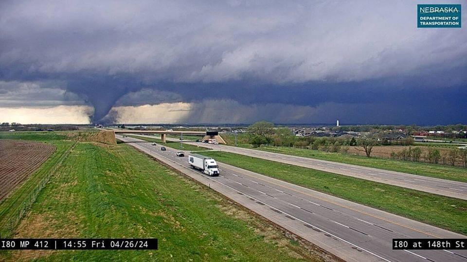 This traffic cam image obtained from the Nebraska Department of Transportation shows a tornado crossing Interstate Highway 80 near Waverly, Nebraska, on April 26, 2024.