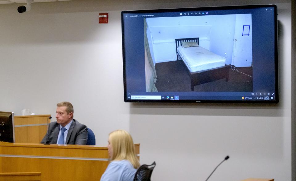 Peoria Police Det. Jason Leigh identifies a photograph of Navin Jones' bedroom where the boy had been locked in and starved by his mother Stephanie Jones and her boyfriend Brandon Walker during a sentencing hearing Thursday, April 25, 2024 at the Peoria County Courthouse. Stephanie Jones was sentenced to 100 years in prison for the 2022 death of the 8-year-old-boy.