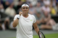 Tunisia's Ons Jabeur celebrates a point against Aryna Sabalenka of Belarus during their women's semifinal singles match on day eleven of the Wimbledon tennis championships in London, Thursday, July 13, 2023. (AP Photo/Kin Cheung)