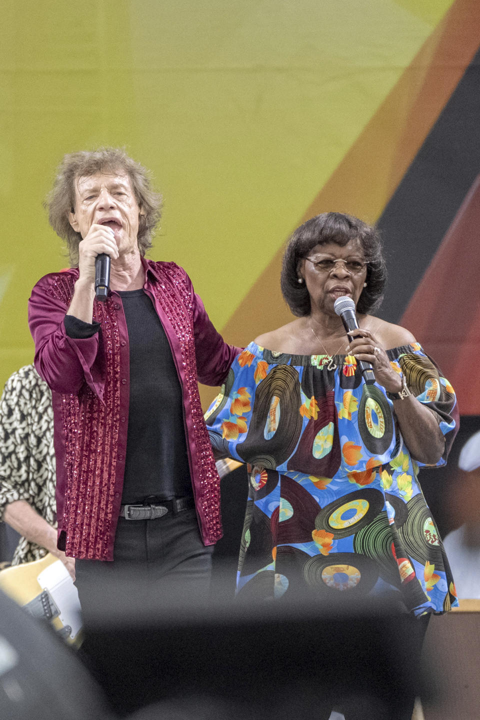 Mick Jagger, left, and Irma Thomas perform with the Rolling Stones during the New Orleans Jazz & Heritage Festival on Thursday, May 2nd, 2024, at the Fair Grounds Race Course in New Orleans. (Photo by Amy Harris/Invision/AP)