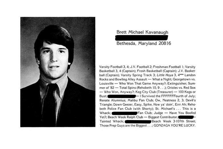 Brett Kavanaugh's yearbook page, in which he calls himself the "treasurer" of the "Keg City Club." (Photo: Twitter)