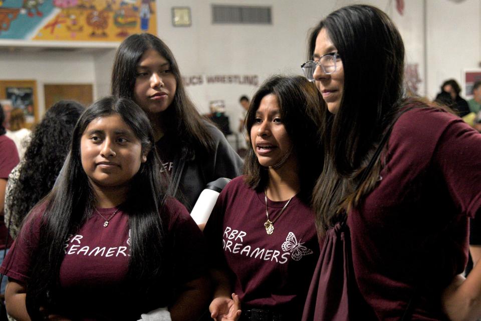 From left: Selena Martinez-Santiago, Bethzy Vera Varela, Edith Lozano Zane and Madelyn Sanchez-Berra during a Red Bank Regional High School Board of Education meeting on Monday, September 11, 2023 at Red Bank Regional High School in Little Silver, New Jersey. 