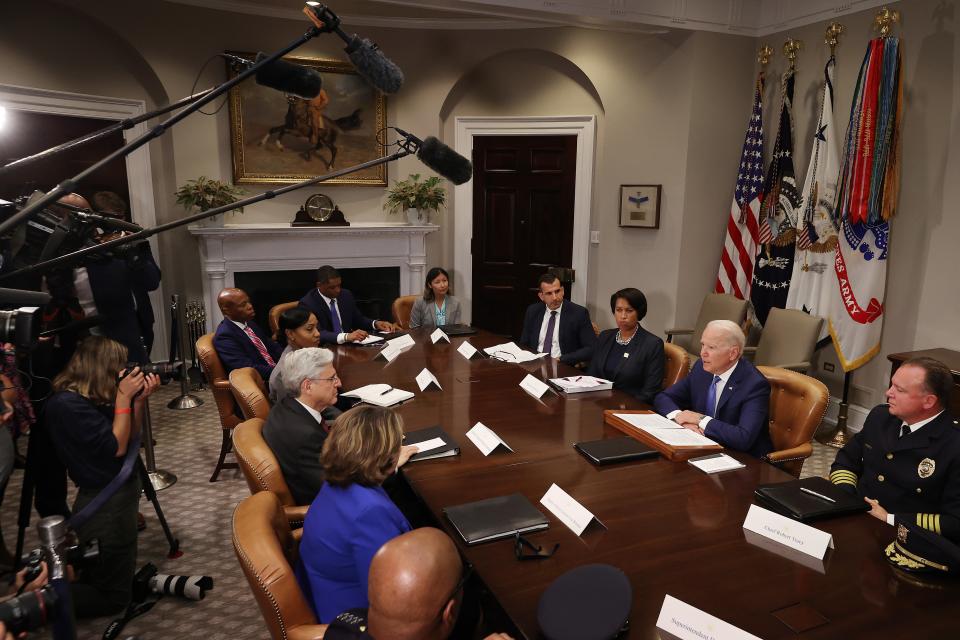 Eric Adams, back left, sits opposite Joe Biden at the White Houes to discuss gun violence (Getty Images)