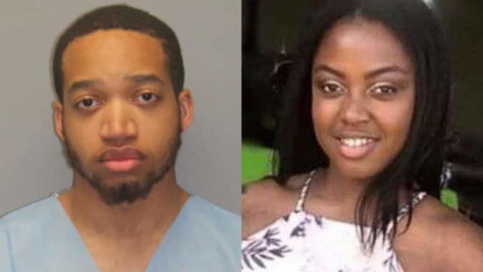 Tahj Hutchinson (left), 22, has been arrested and charged with manslaughter after the body of his wife, Jessica Edwards (right), 30, was found Friday morning in a wooded area in East Hartford, Connecticut. (South Windsor Police Dept.)