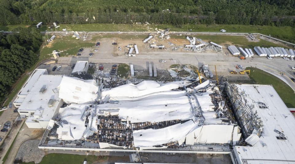 FILE - Debris is scattered around the Pfizer facility on Wednesday, July 19, 2023, in Rocky Mount, N.C., after damage from severe weather. On Friday, July 21, The Associated Press reported on stories circulating online incorrectly claiming the plant damaged by a tornado was stocked with the company’s COVID-19 vaccine. (Travis Long/The News & Observer via AP, File)