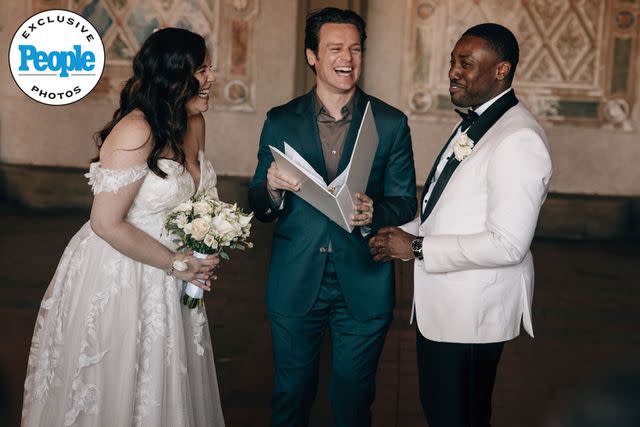 <p>Heather Gershonowitz</p> Jonathan Groff officiates Lindsay Mendez and J. Alex Brinson’s wedding.