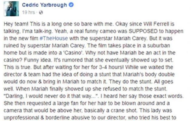 Cedric Yarbrough has slammed Mariah's on-set actions, calling her 